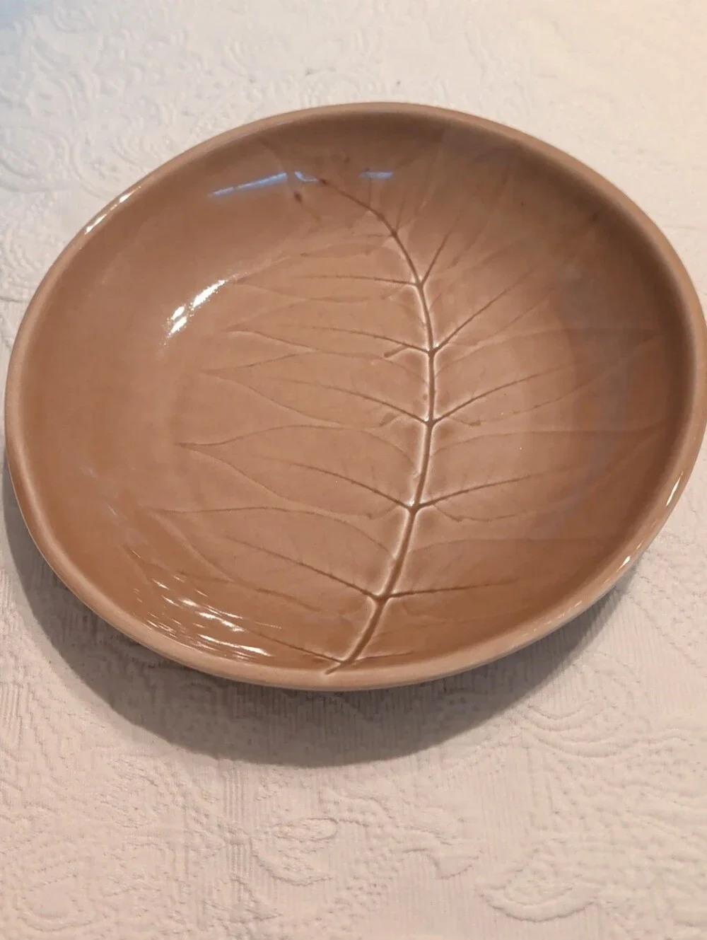 Crate & Barrel Beige Glazed Leaf Impression Bowl Portugal